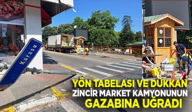 FRENİ BOŞALAN MARKET KAMYONU ÖNÜNE GELENİ YIKTI GEÇTİ