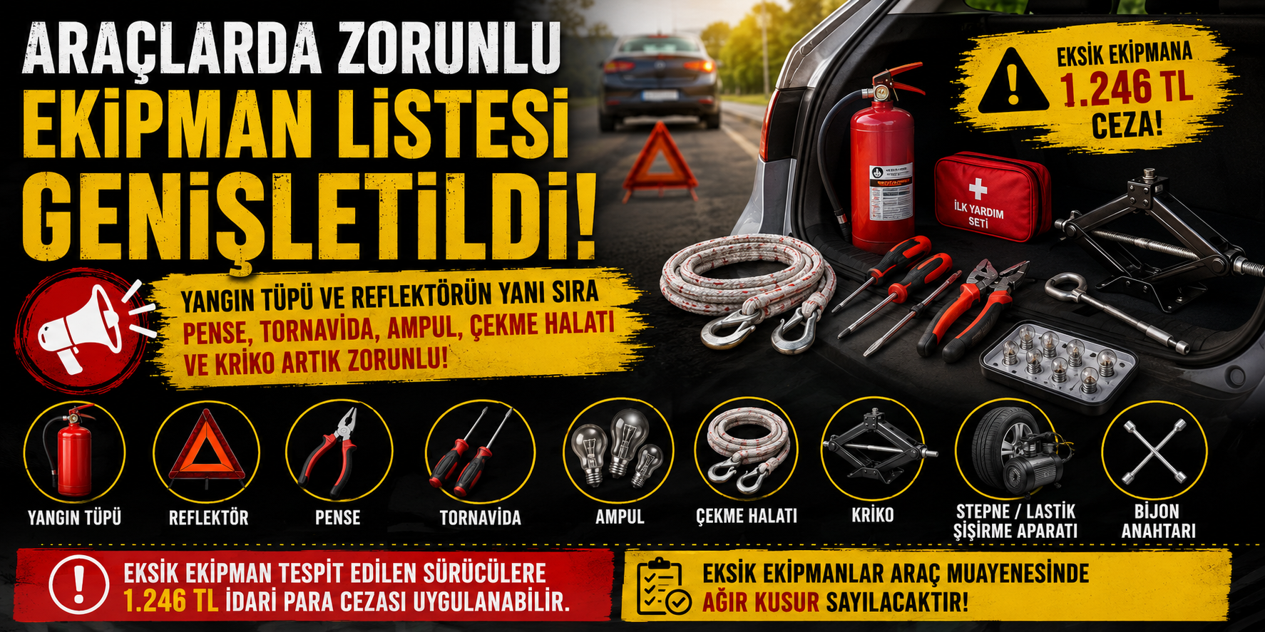 ARACINI MUAYENEYE SOKACAKLAR DİKKAT: ZORUNLU EKİPMAN LİSTESİ GENİŞLETİLDİ